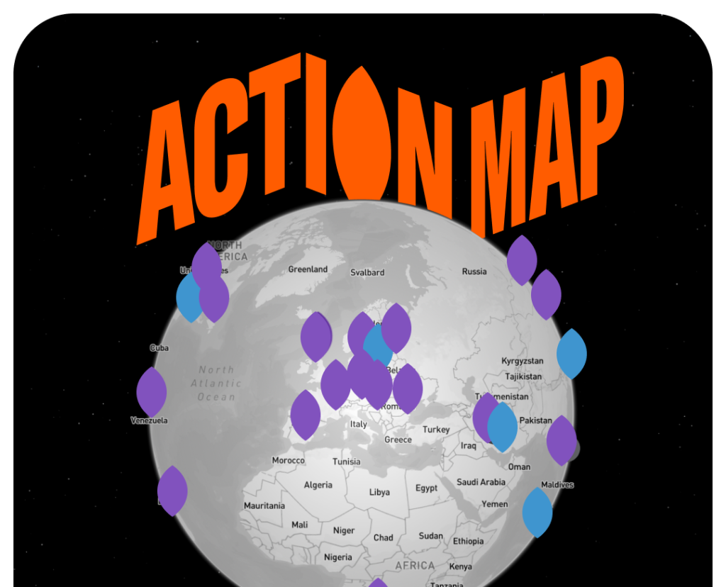 Globe map with purple and blue teardrop pins around the world, orange 'ACTION MAP' title in space background (informational image)
