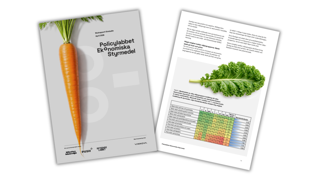 Cover and a page from a Swedish report titled 'Policylabbet Ekonomiska Styrmedel' showing a large carrot on a gray background (left). Center image includes the title.