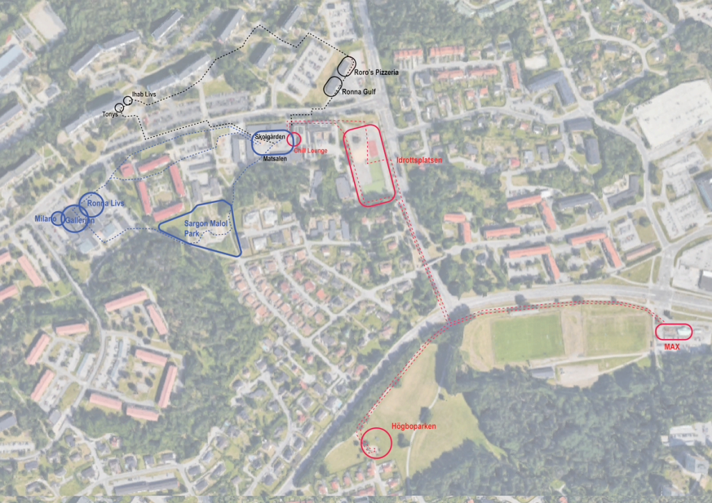 Aerial map of a campus area with colored route lines (blue, red, black) connecting buildings, parks, and a sports field.